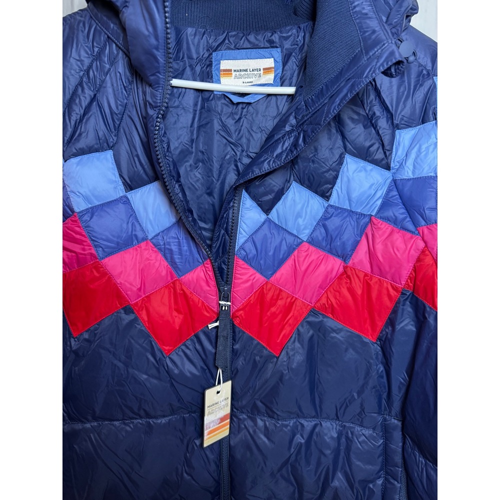 Marine Layer Archive Womens XL Puffer Jacket Navy Chevron Quilted Hooded - Picture 5 of 8
